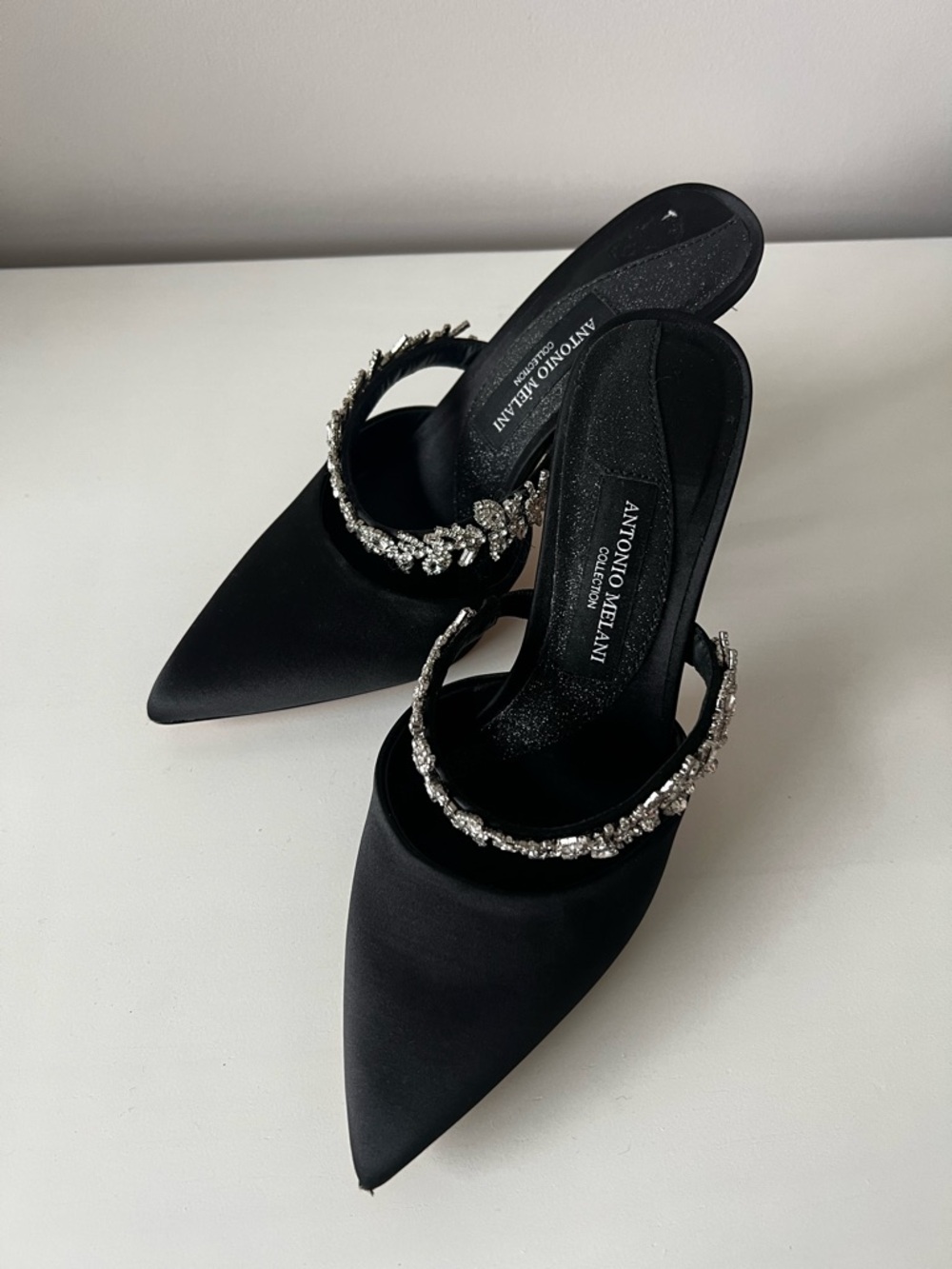 ANTONIO MELANI Black Satin Pointed Toe Heels with Crystal-Embellished Strap - Picture 2 of 10